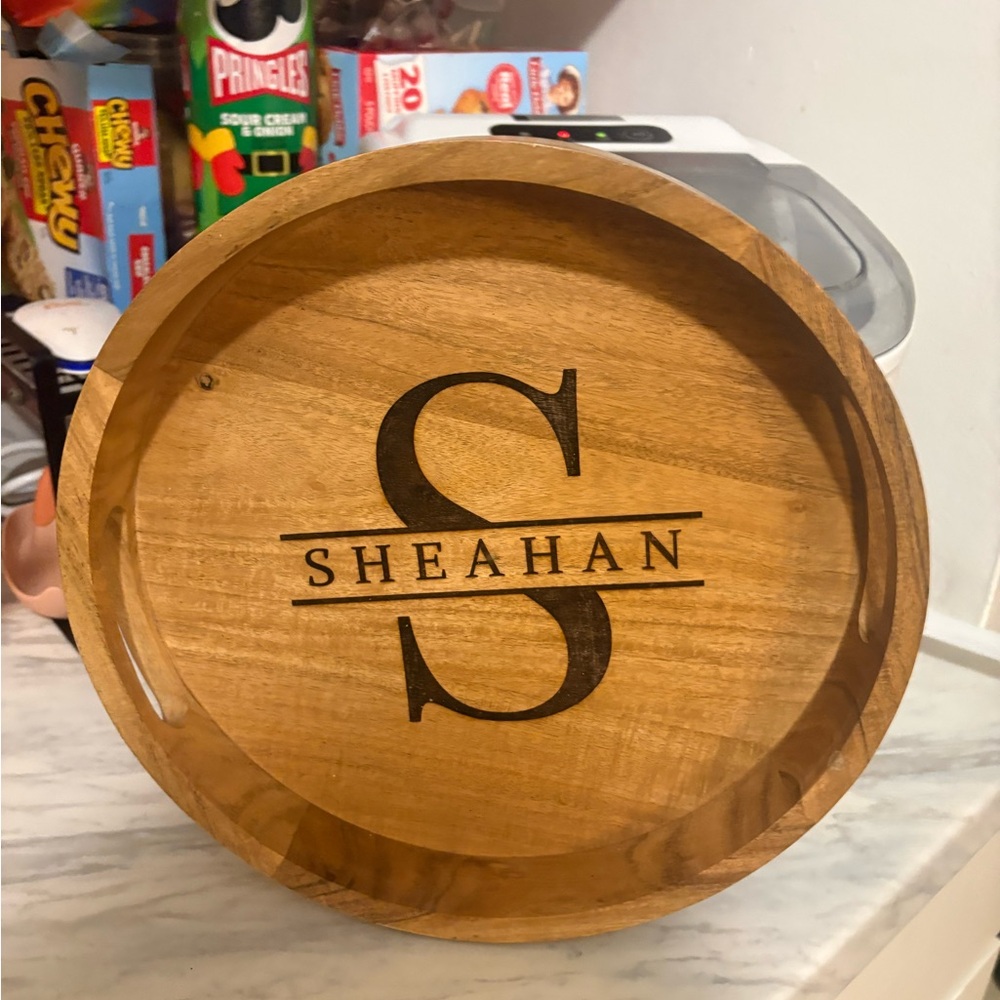 NWOT 12” Wooden Round Serving Tray W/ Handles Personalized Home Decor “SHEAHAN”